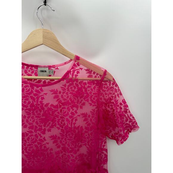ASOS Pink Sheer Floral Short Sleeve Crew Neck Babydoll Top Women's Size 2 - Picture 3 of 7